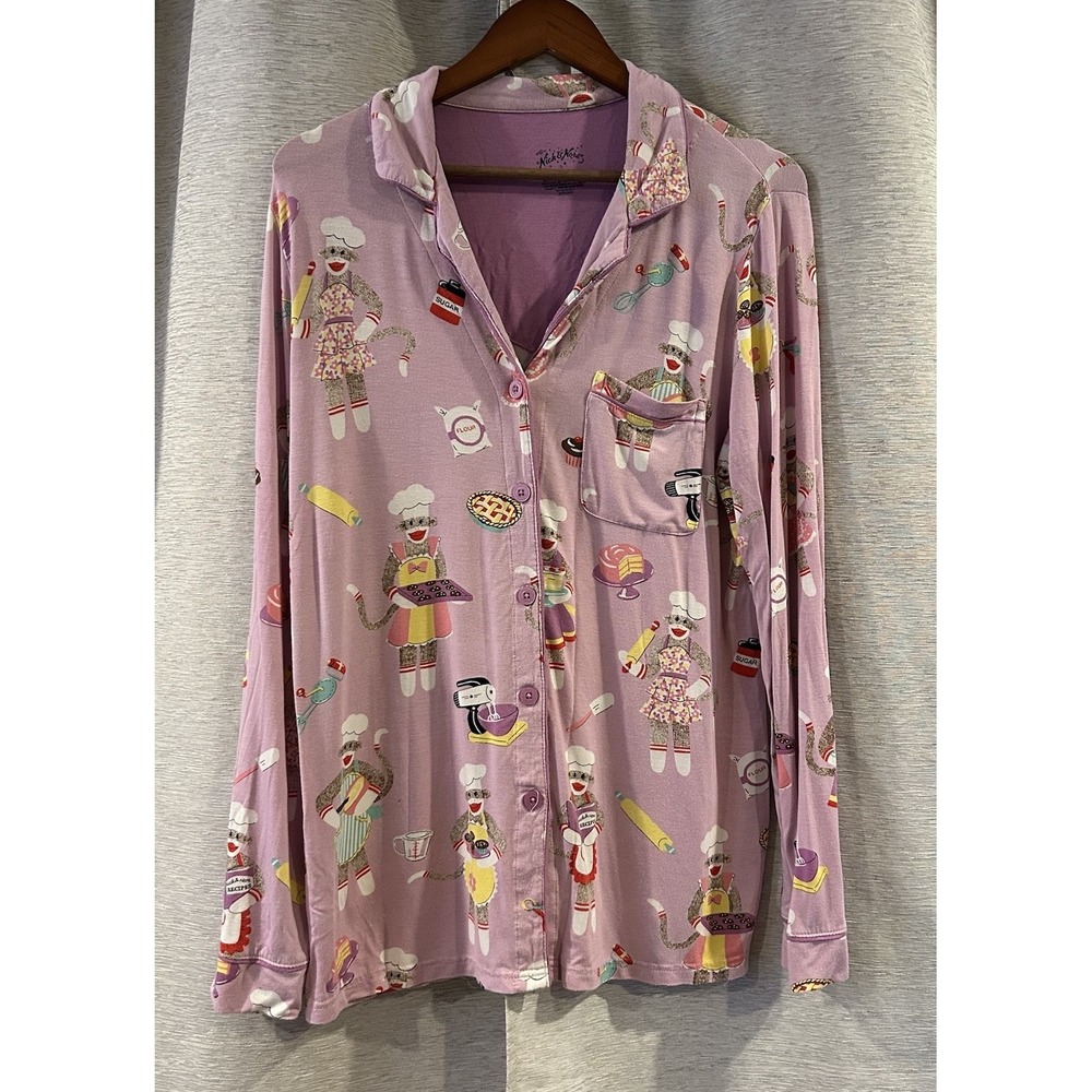 Nick & Nora Pajama Set Sock Monkey Baker 2 Pc‎ Top Bottom PJs Size Large - Picture 2 of 8